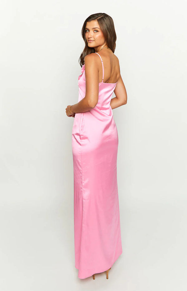 Nahanee Pink Satin Ruffle Maxi Dress
